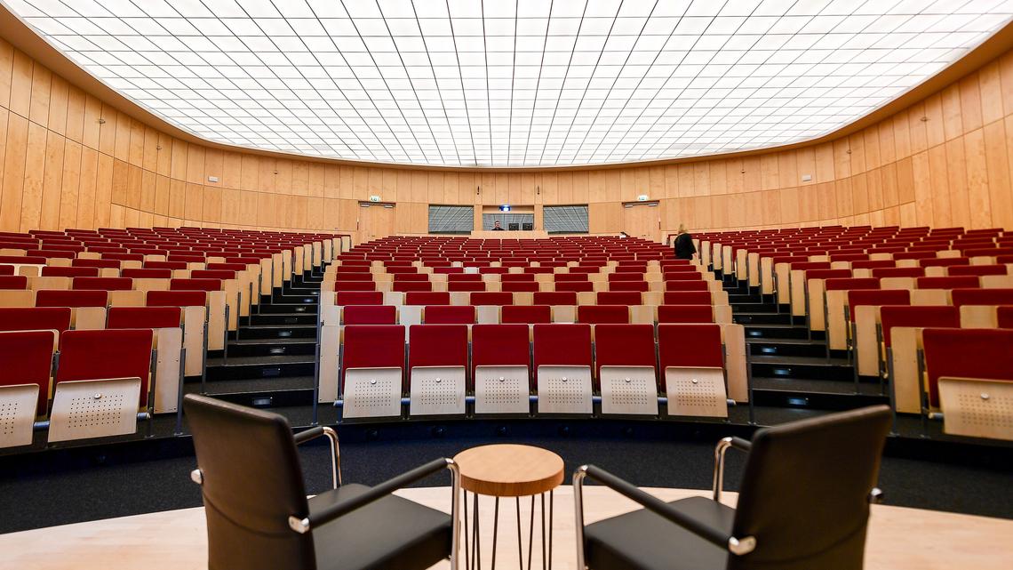 Upper Level: A view from the stage looking out toward ascending rows of seats