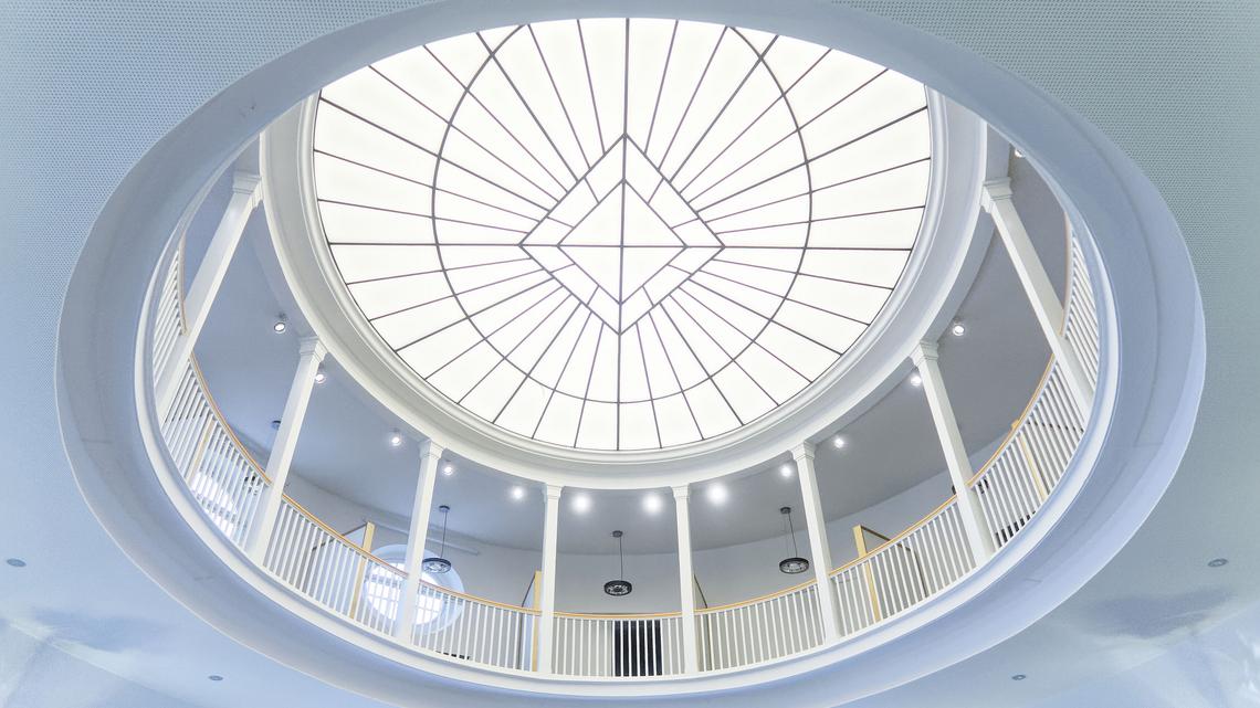 Looking up at the glass cupola from the main level of the Moot Court